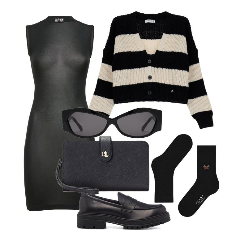 Outfit donna - Ghost outfitter - ottobre. Stile Glamour per Tutti i giorni. Abbinamento con cardigans, pochette, mocassini, vestiti senza maniche, occhiali da sole, calzini.
