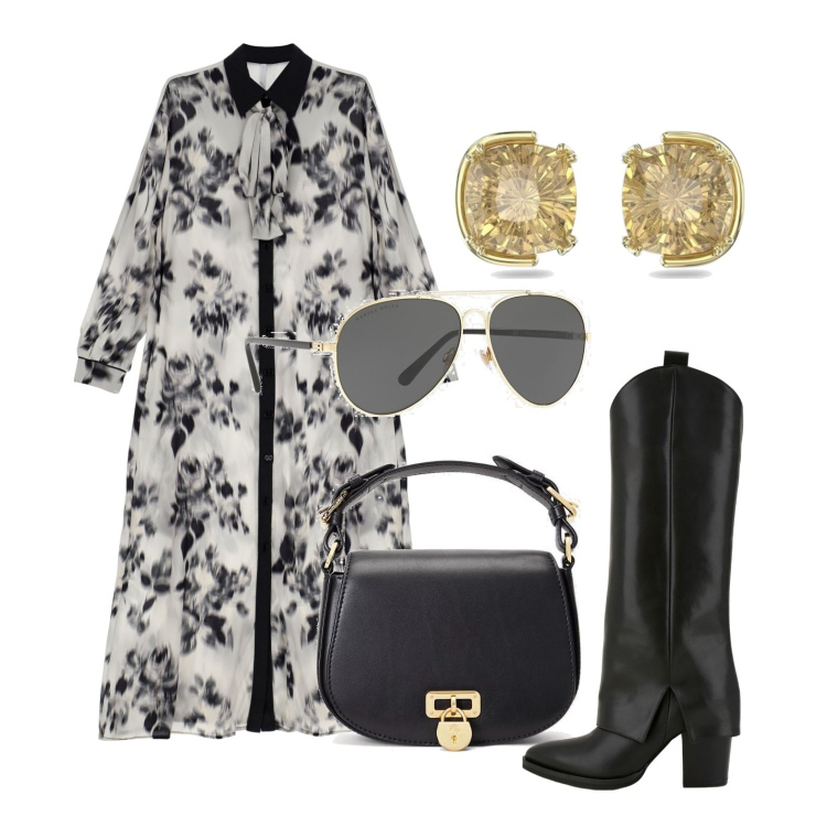 Outfit donna - Ghost outfitter - ottobre. Stile Trendy per Tutti i giorni. Abbinamento con vestiti midi/longuette, stivali, borse a tracolla, occhiali da sole, orecchini.