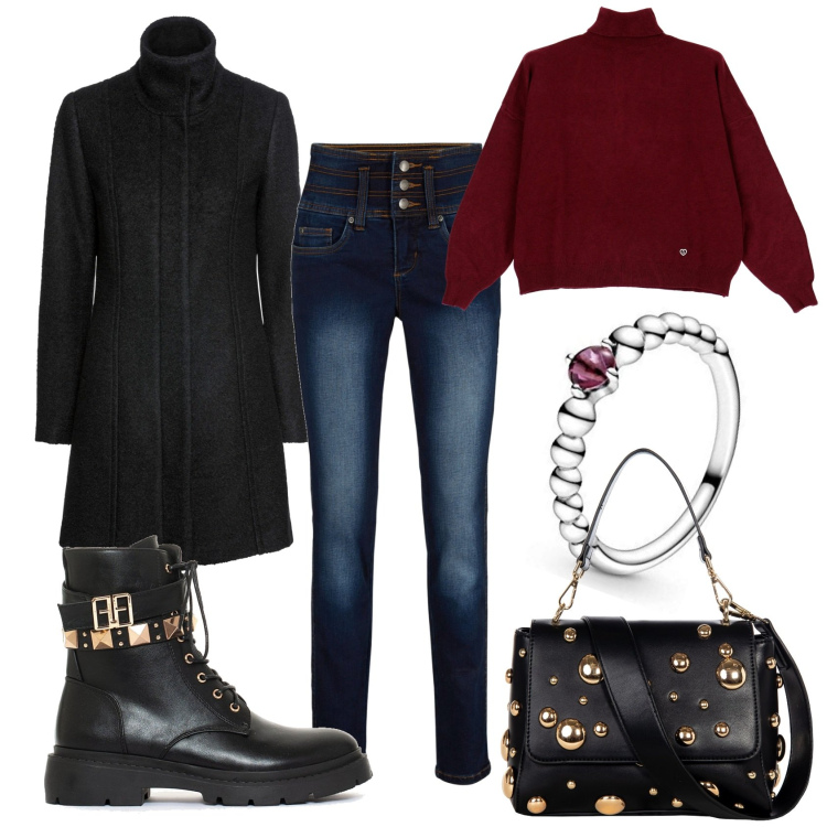 Outfit donna - Anfibi con borchie oro & jeans slim. Stile Casual chic per Scuola/Università. Abbinamento con jeans, cappotti, maglieria, anfibi, borse a spalla, anelli.