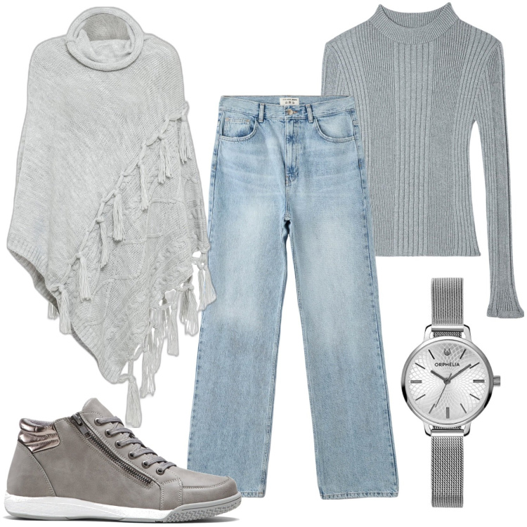 Outfit donna - Love poncho. Stile Basic per Tutti i giorni. Abbinamento con sneakers alte, cappotti, jeans dritti, maglieria, orologi analogici.