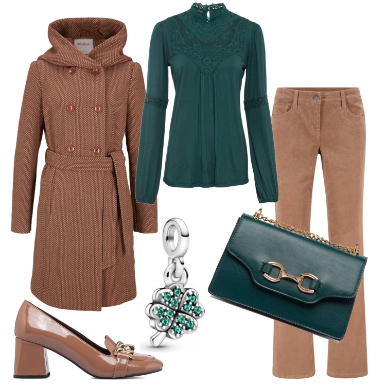 Outfit donna - Tacco medio. Stile Basic per Ufficio. Abbinamento con pantaloni, maglieria, cappotti, décolleté, borse a tracolla, ciondoli.