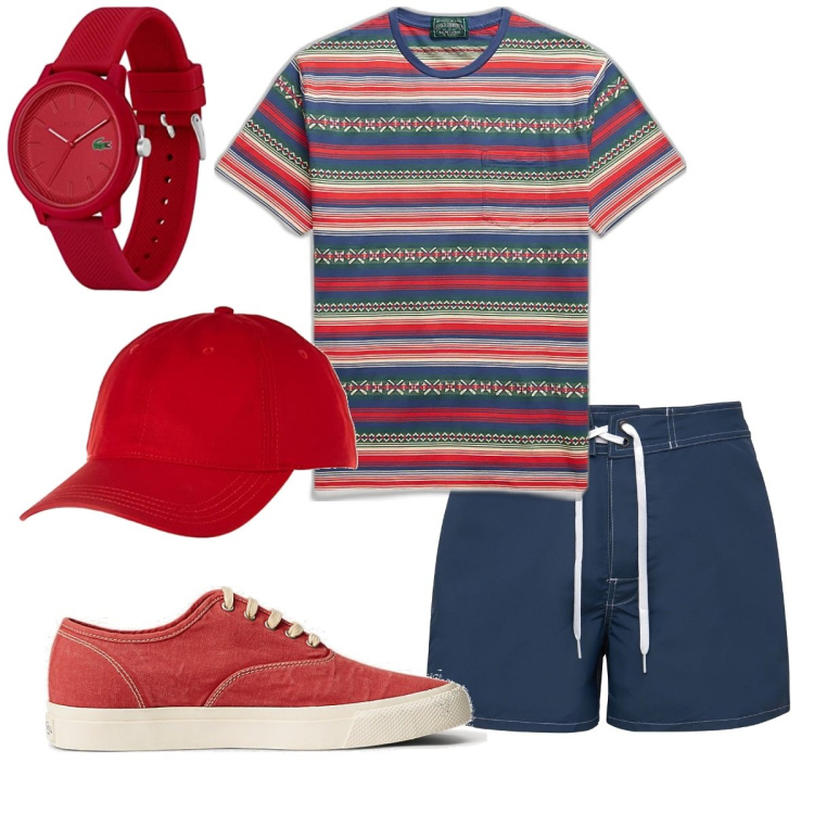 Outfit uomo - Il rosso prevale. Stile Casual per Mare. Abbinamento con sneakers, t-shirt, cappelli, orologi analogici, shorts.