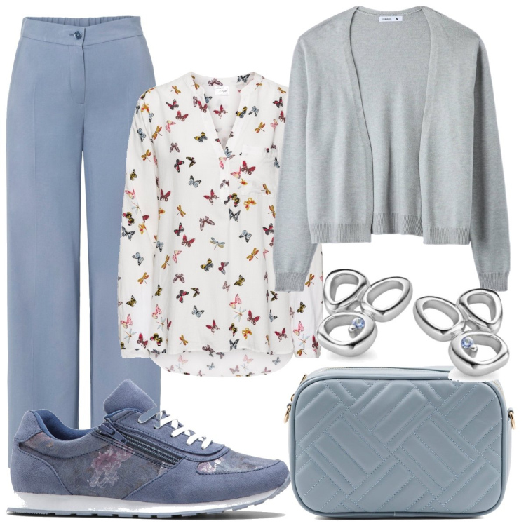 Outfit donna - Azzurro polvere. Stile Casual per Tutti i giorni. Abbinamento con bluse, pantaloni a palazzo, sneakers, cardigans, borse a tracolla, orecchini.