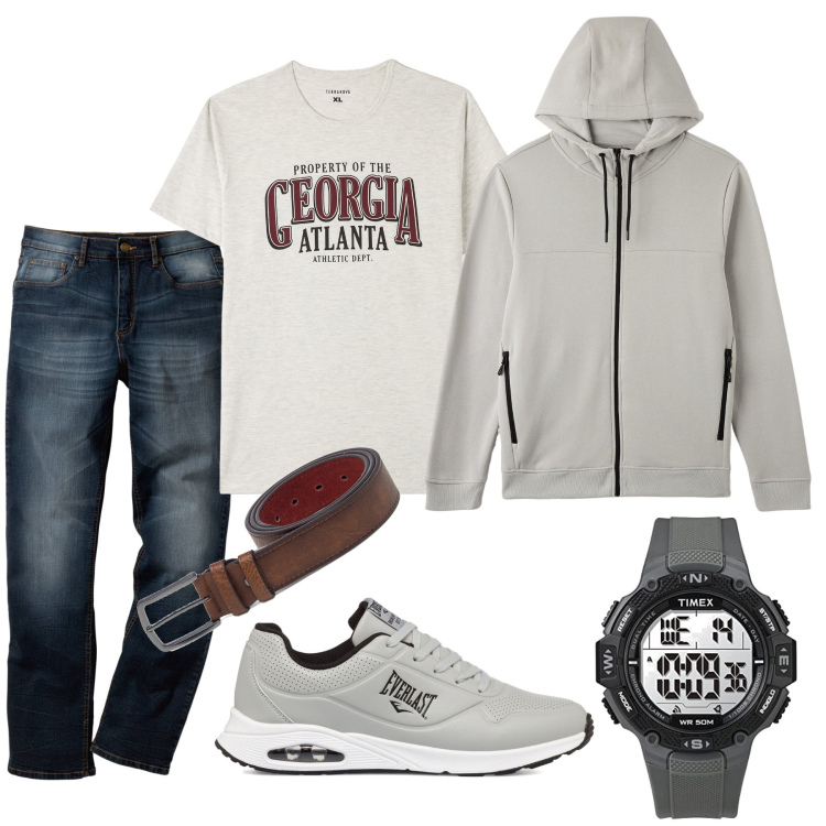 Outfit uomo - Molto informale sul lavoro. Stile Casual per Ufficio. Abbinamento con jeans dritti, t-shirt, felpe con cappuccio, cinture, sneakers, orologi digitali.