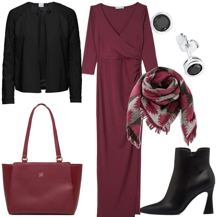 Outfit donna - Jersey. Stile Casual chic per Tutti i giorni. Abbinamento con blazer, foulard, vestiti lunghi, stivaletti, borse a spalla, orecchini.