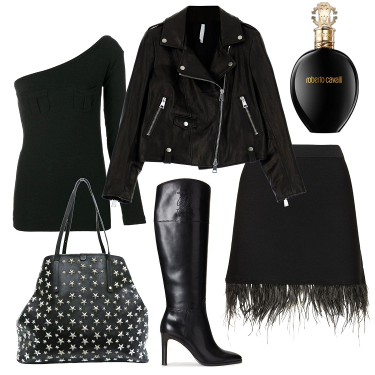 Outfit donna - Dark lady. Stile Rock per Serata fuori. Abbinamento con top, borse a spalla, profumi, cappotti, stivali sopra il ginocchio, minigonne.