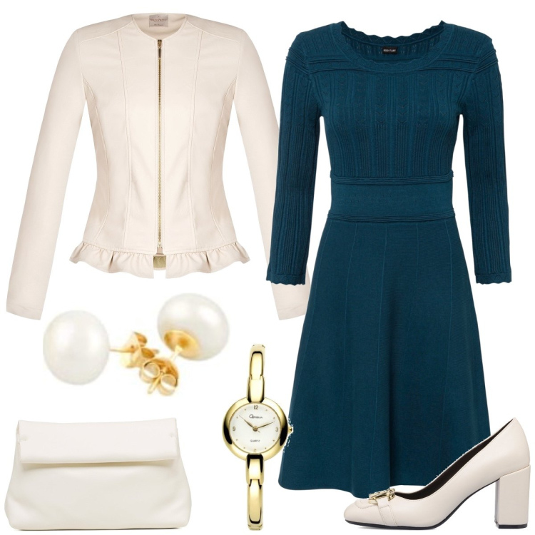 Outfit donna - L’abito in maglia. Stile Chic per Tutti i giorni. Abbinamento con vestiti, giacche, borse a tracolla, décolleté, orologi, orecchini.