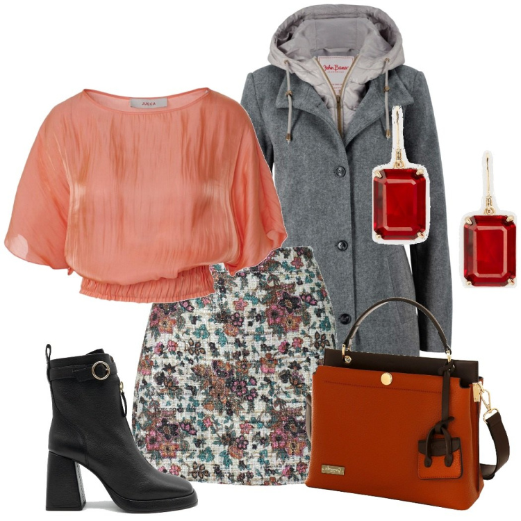 Outfit donna - Ore 12:30. Stile Basic per Tutti i giorni. Abbinamento con cappotti, orecchini, bluse, gonne, borse a mano, stivaletti.