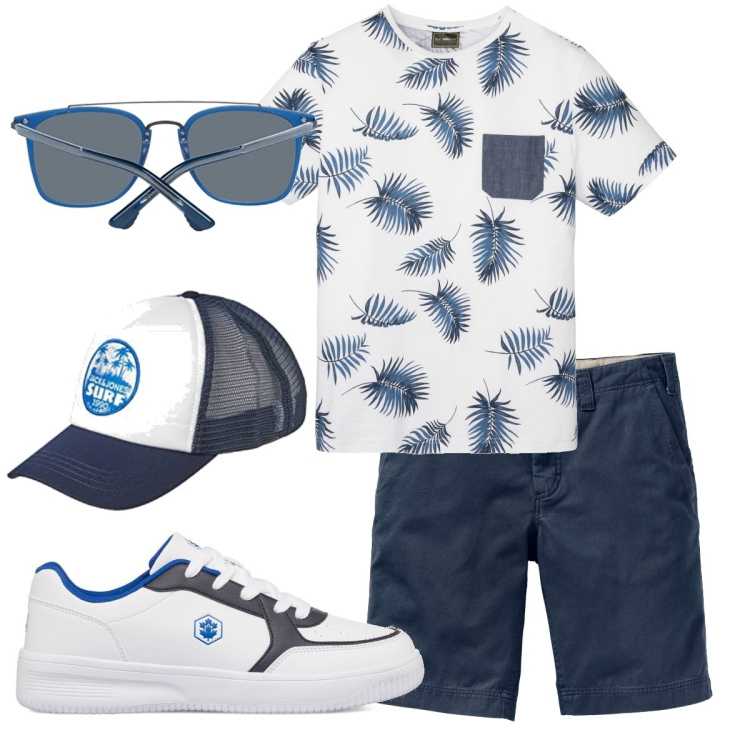 Outfit uomo - Total look #1739022. Stile Casual per Tutti i giorni. Abbinamento con bermuda, t-shirt, sneakers, cappelli con visiera, occhiali da sole.