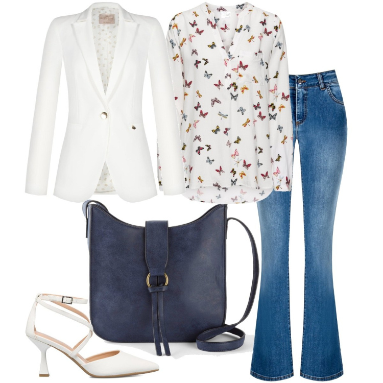 Outfit donna - Per l\'ufficio. Stile Casual chic per Ufficio. Abbinamento con bluse, borse a tracolla, giacche, jeans a zampa, décolleté.
