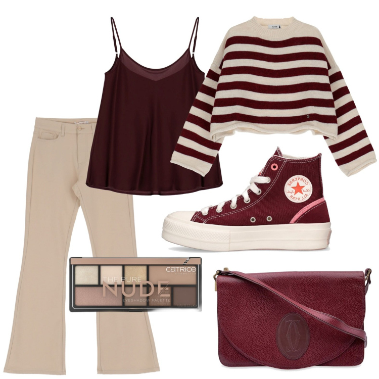 Outfit donna - Essenziale. Stile Basic per Ufficio. Abbinamento con borse a spalla, ombretti, pullovers, pantaloni, top, sneakers.