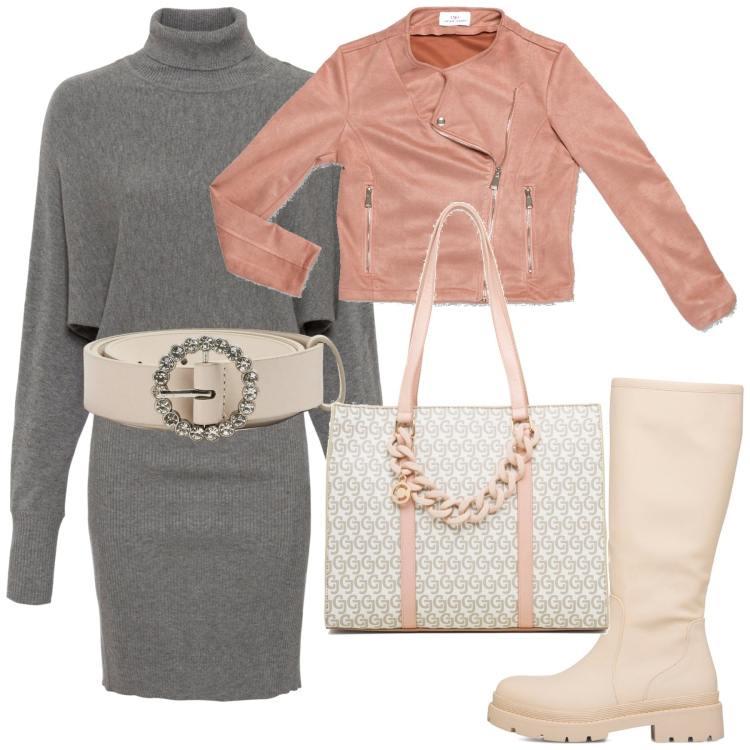 Outfit donna - Beige e rosa cipria. Stile Chic per Serata fuori. Abbinamento con vestiti, cinture, cappotti, stivali, borse a spalla.