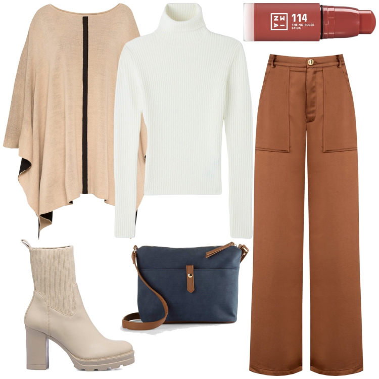Outfit donna - Inverno marrone. Stile Casual per Tutti i giorni. Abbinamento con borse a tracolla, cappotti, ombretti, maglieria, pantaloni a palazzo, stivaletti.