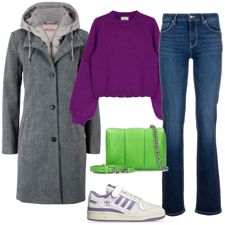 Outfit donna - Look colorato per l\'inverno. Stile Casual per Scuola/Università. Abbinamento con cappotti, jeans, pullovers, sneakers, borse a spalla.