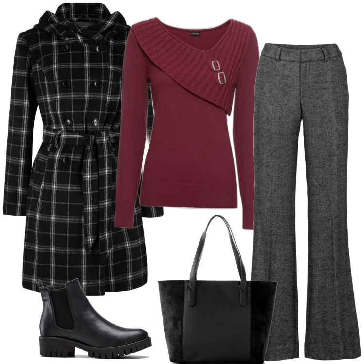 Outfit donna - Inverno bonprix. Stile Casual per Ufficio. Abbinamento con pantaloni a palazzo, maglieria, stivaletti chelsea, shopping bag, cappotti.