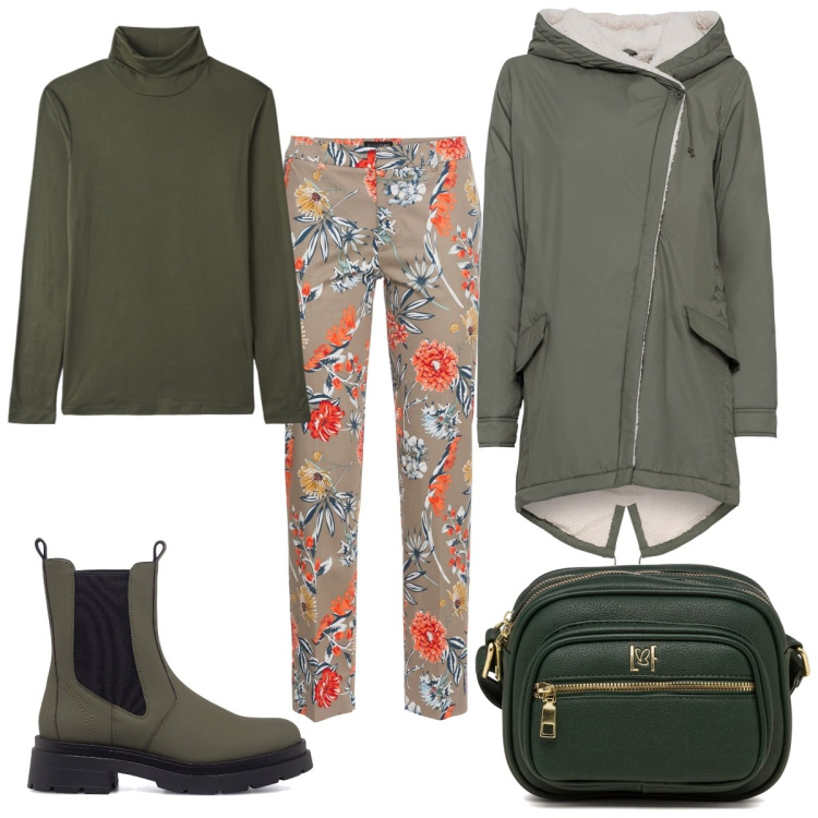 Outfit donna - Fiori e militare. Stile Casual per Tutti i giorni. Abbinamento con pantaloni, cappotti, t-shirt, borse a tracolla, stivaletti.