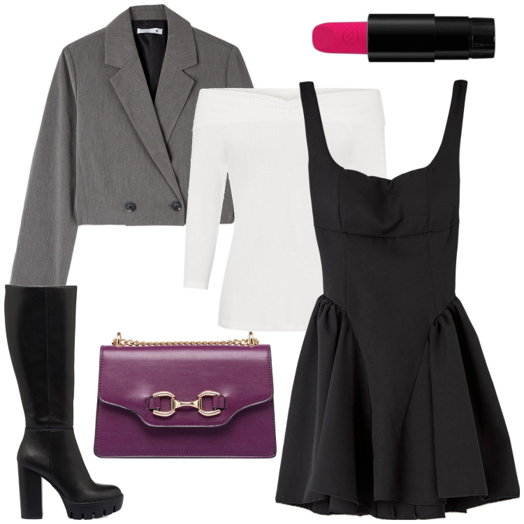 Outfit donna - Serata fuori. Stile Romantica per Serata fuori. Abbinamento con maglieria, rossetti, vestiti, blazer, borse a tracolla, stivali sopra il ginocchio.
