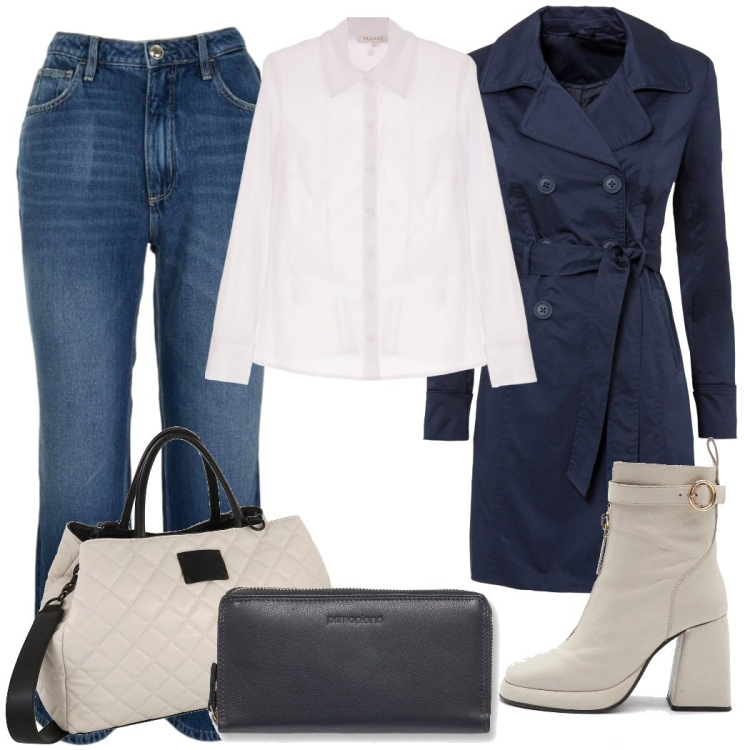 Outfit donna - La camicia bianca. Stile Casual chic per Tutti i giorni. Abbinamento con trench, camicie, portafogli, jeans, borse a mano, stivaletti.