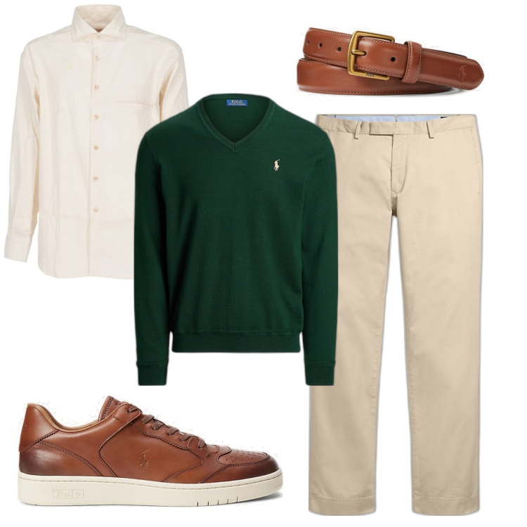 Outfit uomo - Classic man. Stile Business/Elegante per Ufficio. Abbinamento con camicie, cinture, pantaloni chino, scarpe sportive, maglieria.