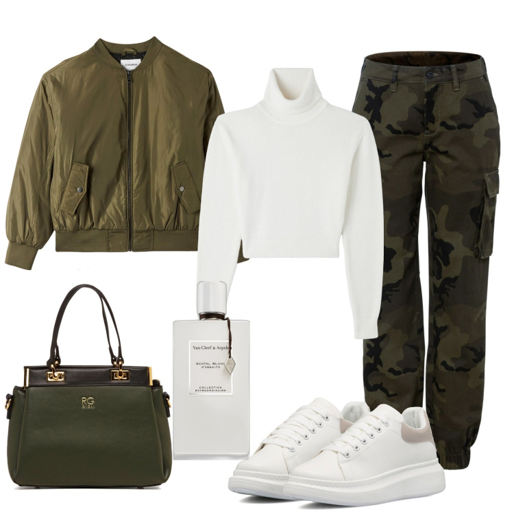 Outfit donna - Total look #1739139. Stile Basic per Scuola/Università. Abbinamento con pantaloni cargo, profumi, bomber, maglieria, sneakers, borse a spalla.