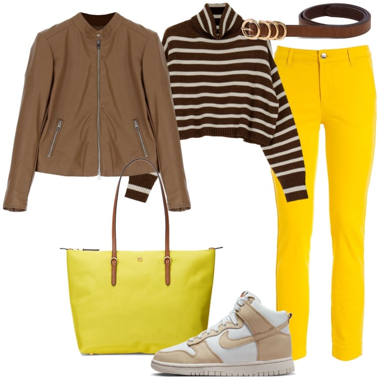 Outfit donna - Total look #1739146. Stile Casual per Tutti i giorni. Abbinamento con pantaloni, maglieria, cappotti, cinture, borse tote, sneakers alte.