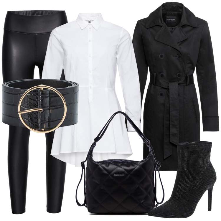 Outfit donna - Camicia bianca e trench nero. Stile Trendy per Serata fuori. Abbinamento con camicie, leggings, trench, cinture, stivaletti, zaini.
