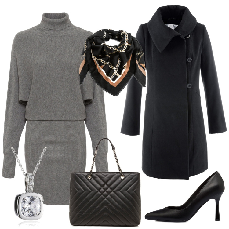 Outfit donna - In ufficio. Stile Minimal per Ufficio. Abbinamento con vestiti, cappotti, foulard, borse a spalla, décolleté, collane.