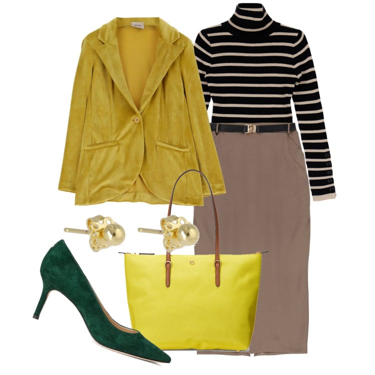 Outfit donna - Le décolleté verdi. Stile Chic per Ufficio. Abbinamento con maglieria, gonne longuette, borse tote, décolleté, giacche, orecchini.