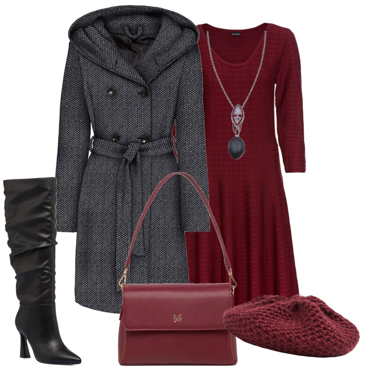 Outfit donna - Total look #1739186. Stile Bon Ton per Tutti i giorni. Abbinamento con vestiti, cappotti, cappelli e berretti, borse a tracolla, stivali sopra il ginocchio, collane.