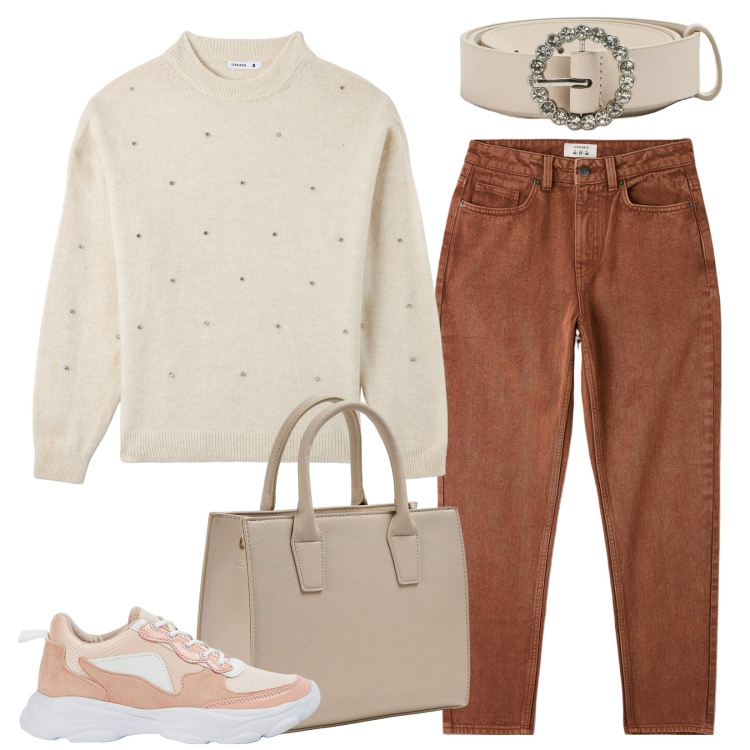 Outfit donna - Fuga a Vienna. Stile Casual per Tutti i giorni. Abbinamento con maglieria, jeans mom, sneakers, shopping bag, cinture.
