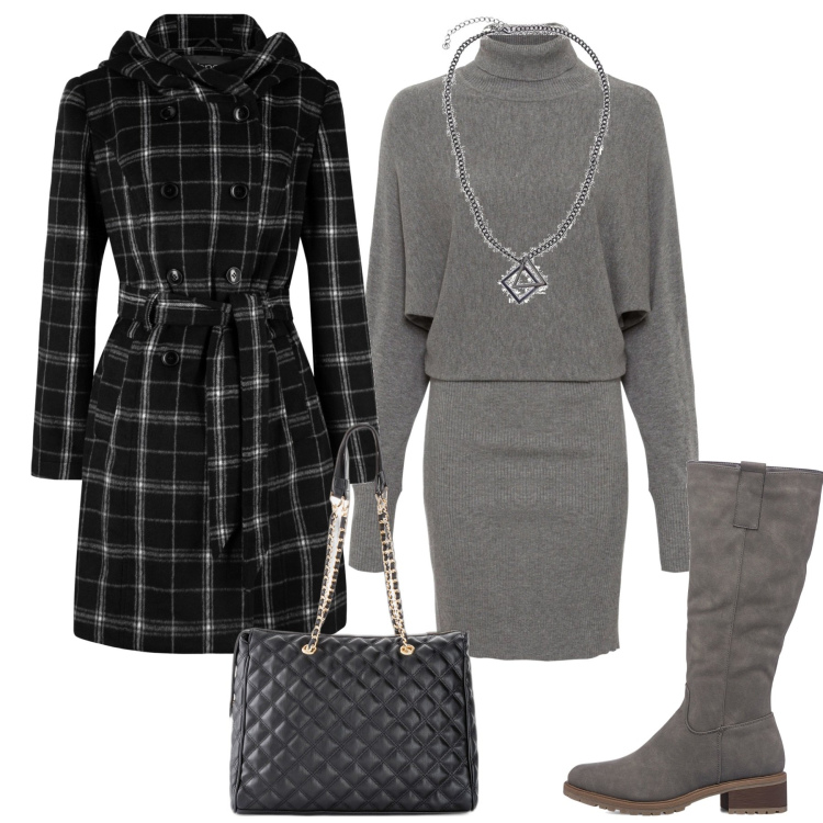 Outfit donna - City. Stile Casual chic per Tutti i giorni. Abbinamento con vestiti, cappotti, shopping bag, stivali sopra il ginocchio, collane.