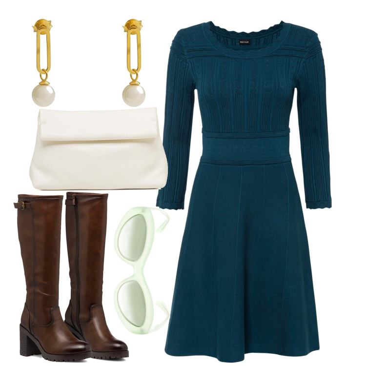 Outfit donna - L\'abito verde ottanio. Stile Bon Ton per Tutti i giorni. Abbinamento con vestiti, stivali sopra il ginocchio, borse a tracolla, orecchini, occhiali da sole.