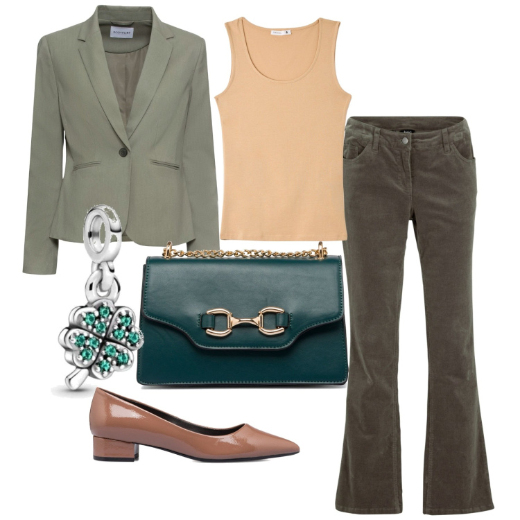 Outfit donna - Velluto a coste. Stile Casual chic per Tutti i giorni. Abbinamento con pantaloni, blazer, canottiere, décolleté, borse a tracolla, ciondoli.