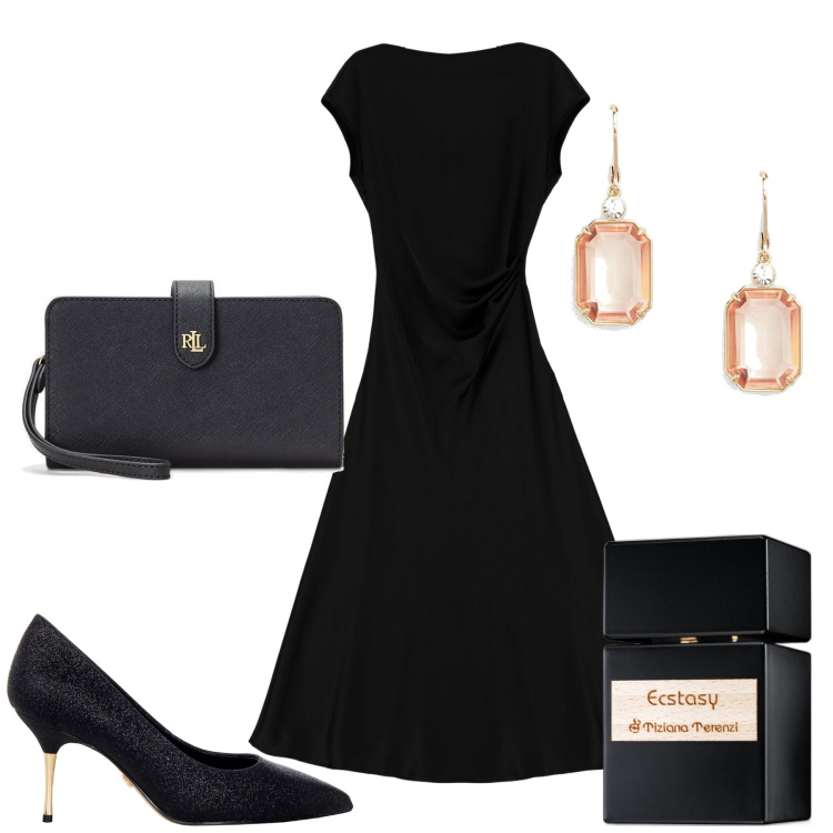 Outfit donna - Serata. Stile Chic per Serata fuori. Abbinamento con vestiti midi/longuette, profumi, décolleté, orecchini, pochette.