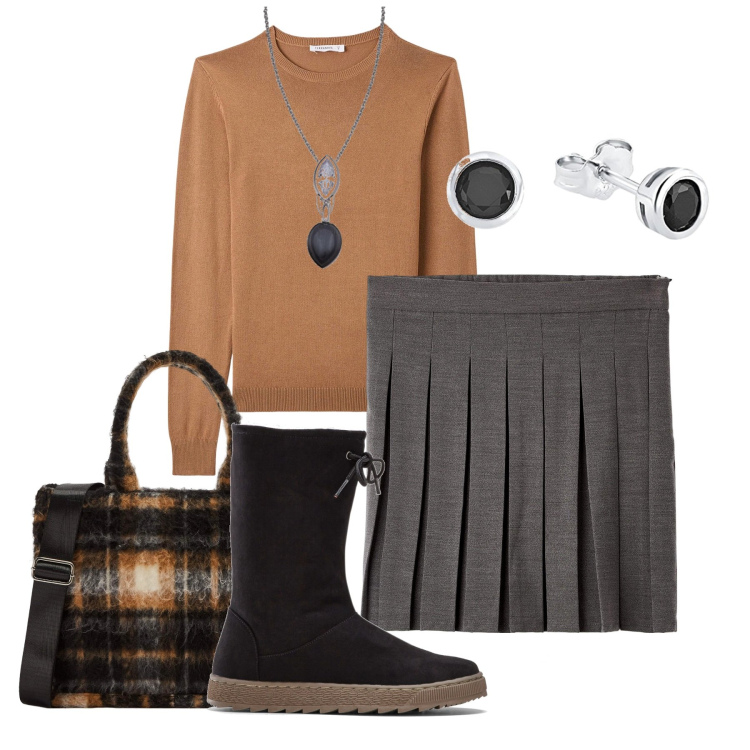 Outfit donna - Preppy in grigio e nocciola. Stile Preppy per Tutti i giorni. Abbinamento con stivali, maglieria, minigonne, shopping bag, collane, orecchini.
