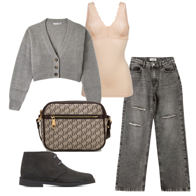 Outfit donna - I jeans grigi. Stile Casual per Tutti i giorni. Abbinamento con top, jeans strappati, cardigans, borse a tracolla, stivaletti.