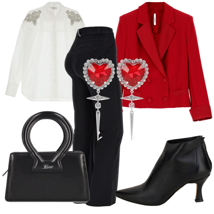 Outfit donna - Total look #1739242. Stile Romantica per Serata fuori. Abbinamento con giacche, pantaloni, stivaletti, camicie, borse a mano, orecchini.