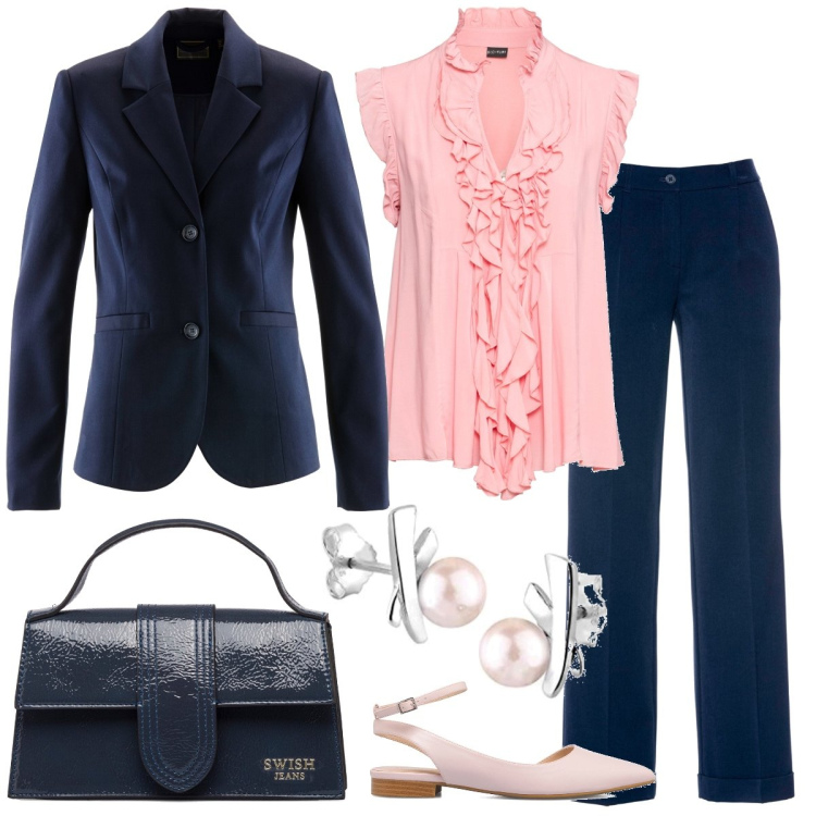 Outfit donna - Ufficio. Stile Chic per Ufficio. Abbinamento con pantaloni, blazer, maglieria, ballerine, borse a mano, orecchini.