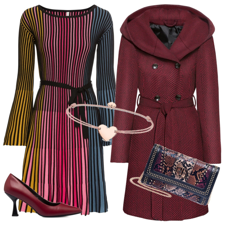 Outfit donna - Bordeaux che passione. Stile Casual chic per Tutti i giorni. Abbinamento con cappotti, vestiti, pochette, décolleté, braccialetti.