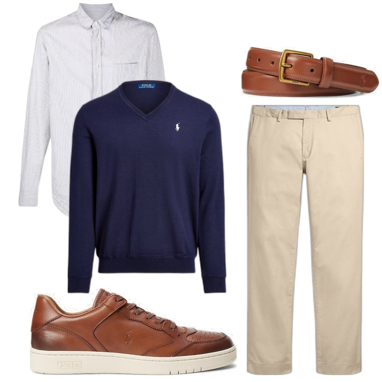 Outfit uomo - Colori classici. Stile Business/Elegante per Ufficio. Abbinamento con camicie, cinture, pantaloni chino, scarpe sportive, maglieria.