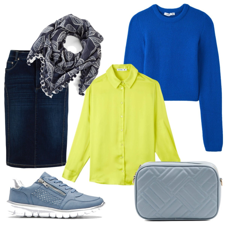 Outfit donna - La gonna di jeans. Stile Casual per Tutti i giorni. Abbinamento con gonne, sneakers, foulard, camicie, maglieria, borse a tracolla.