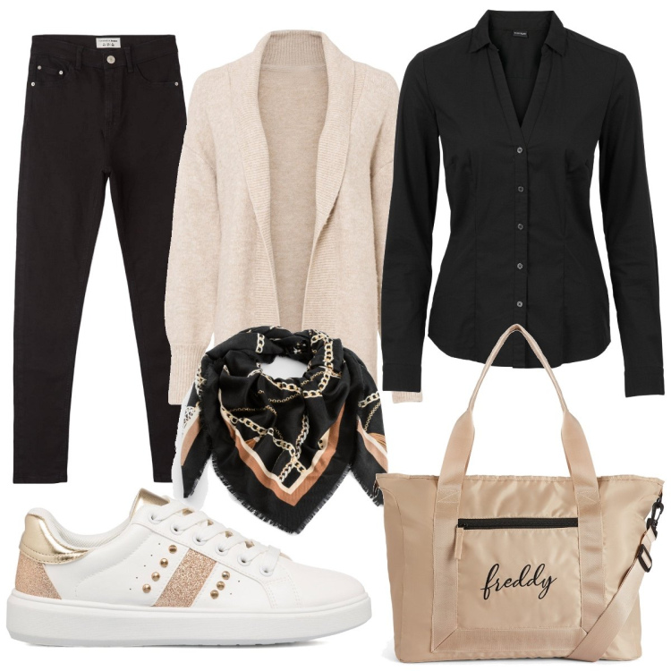 Outfit donna - Beige e nero. Stile Casual per Tutti i giorni. Abbinamento con camicie, cardigans, foulard, jeans skinny, borse tote, sneakers.