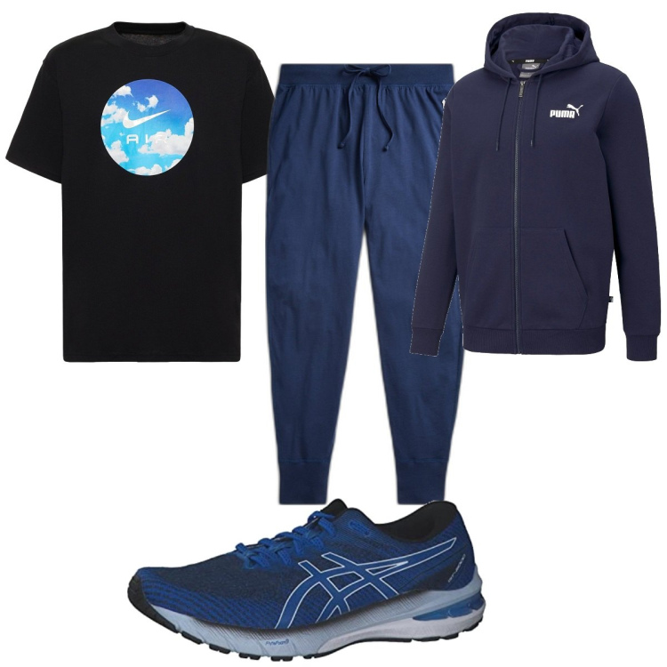 Outfit uomo - Total look #1739362. Stile Trendy per Sport. Abbinamento con felpe con cappuccio, pantaloni, t-shirt, scarpe sportive.