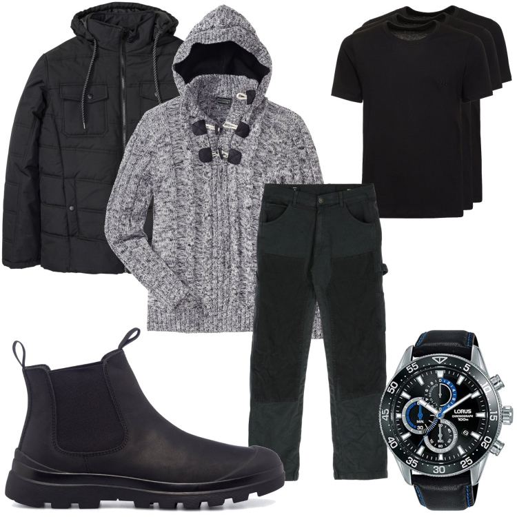Outfit uomo - In nero caldo. Stile Casual per Tutti i giorni. Abbinamento con maglieria, giacche, jeans dritti, stivali e stivaletti, orologi analogici, t-shirt.