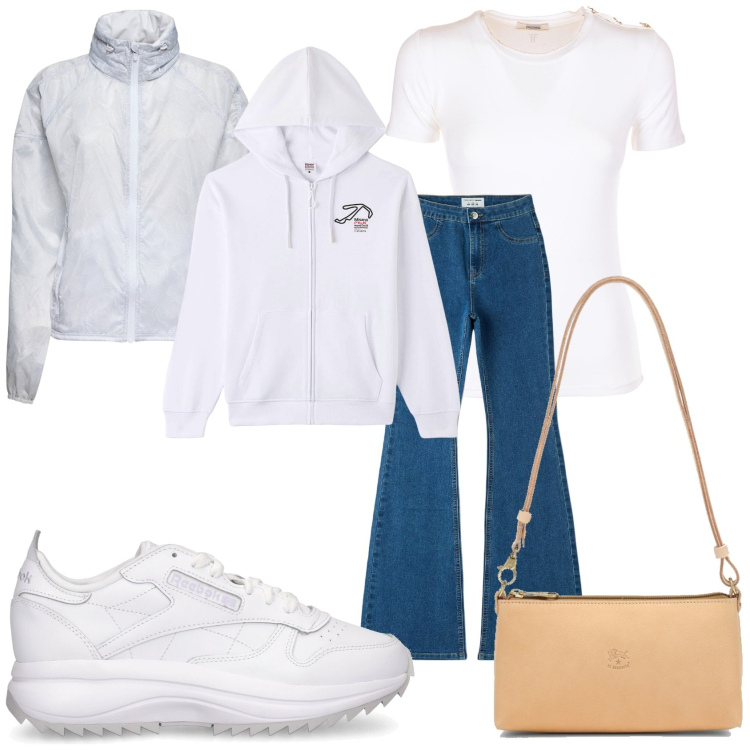 Outfit donna - La domenica in bianco. Stile Casual per Tutti i giorni. Abbinamento con felpe con cappuccio, jeggings, t-shirt, borse a spalla, sneakers, blazer.
