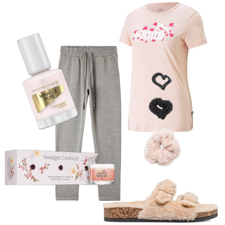 Outfit donna - Pomeriggio a casa. Stile Casual per Tutti i giorni. Abbinamento con smalti, profumi, accessori per capelli, pantaloni skinny, t-shirt, pantofole.