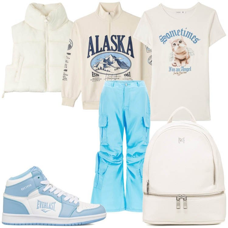 Outfit donna - In bianco e celeste. Stile Casual per Tutti i giorni. Abbinamento con piumini, t-shirt, felpe, pantaloni cargo, zaini, sneakers alte.