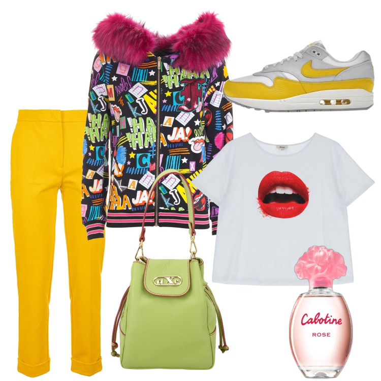 Outfit donna - Un\'esplosione di colori. Stile Trendy per Tutti i giorni. Abbinamento con sneakers, profumi, felpe con cappuccio, pantaloni, t-shirt, borse a secchiello.