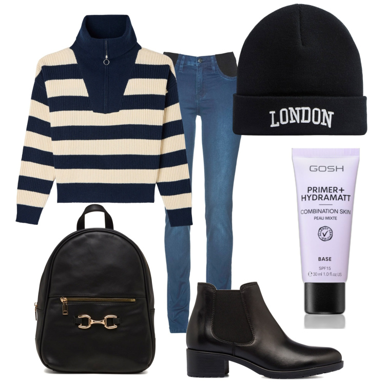Outfit donna - In città. Stile Casual per Tutti i giorni. Abbinamento con jeans skinny, primer, maglieria, berretti, zaini, stivaletti.