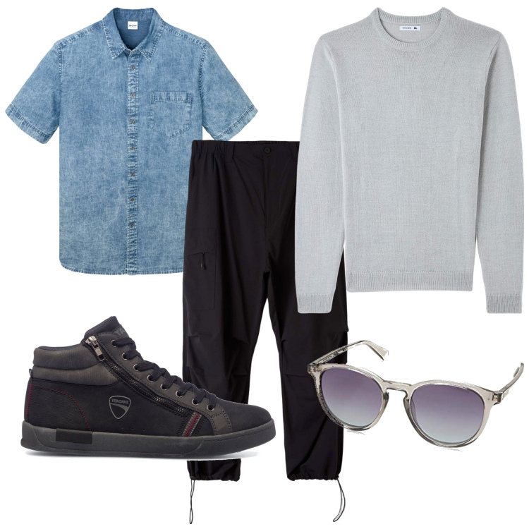Outfit uomo - Total look #1739500. Stile Casual per Tutti i giorni. Abbinamento con camicie a manica corta, pantaloni cargo, maglieria, sneakers alte, occhiali da sole.